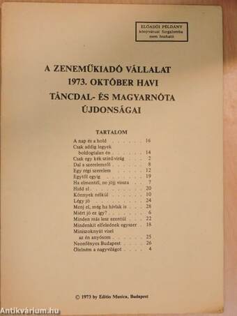 A Zeneműkiadó Vállalat 1973. október havi táncdal- és magyar nóta újdonságai