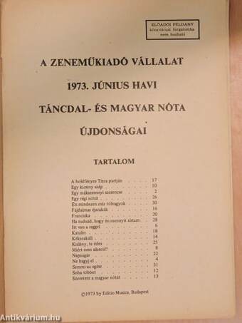 A Zeneműkiadó Vállalat 1973. június havi táncdal- és magyar nóta újdonságai