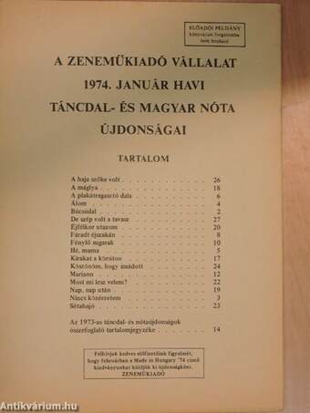 A Zeneműkiadó Vállalat 1974. január havi táncdal- és magyar nóta újdonságai