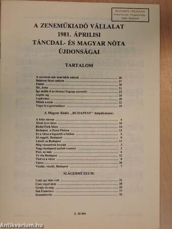 A Zeneműkiadó Vállalat 1981. áprilisi táncdal- és magyar nóta újdonságai