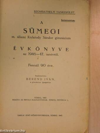 A sümegi m. állami Kisfaludy Sándor gimnázium évkönyve az 1946-47. tanévről
