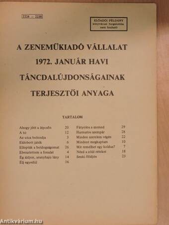 A Zeneműkiadó Vállalat 1972. január havi táncdalújdonságainak terjesztői anyaga