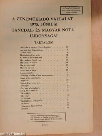 A Zeneműkiadó Vállalat 1975. júniusi táncdal- és magyar nóta újdonságai