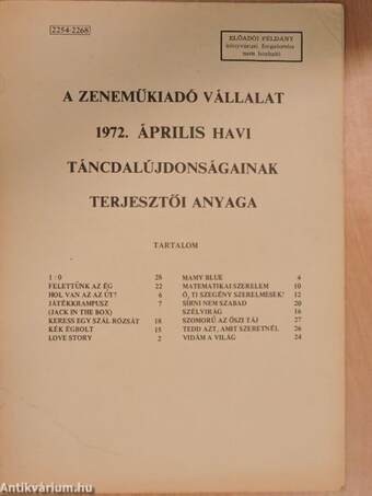 A Zeneműkiadó Vállalat 1972. április havi táncdalújdonságainak terjesztői anyaga