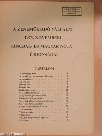 A Zeneműkiadó Vállalat 1973. novemberi táncdal- és magyar nóta újdonságai