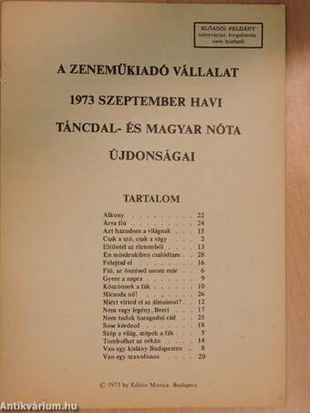 A Zeneműkiadó Vállalat 1973. szeptember havi táncdal- és magyar nóta újdonságai