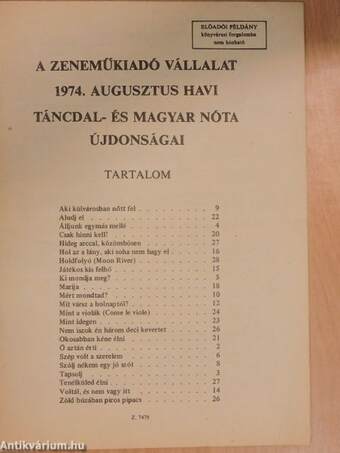 A Zeneműkiadó Vállalat 1974. augusztus havi táncdal- és magyar nóta újdonságai