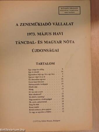 A Zeneműkiadó Vállalat 1973. május havi táncdal- és magyar nóta újdonságai