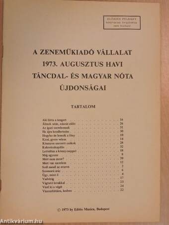 A Zeneműkiadó Vállalat 1973. augusztus havi táncdal- és magyar nóta újdonságai