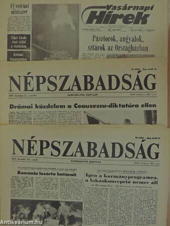 A Ceausescu diktatúra bukásával kapcsolatos vezércikkeket tartalmazó napilapok egyedi gyűjteménye (3 db)