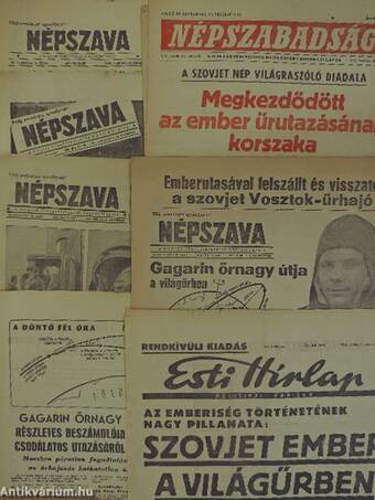 Gagarin űrutazásával kapcsolatos vezércikkeket tartalmazó napilapok egyedi gyűjteménye (7 db)