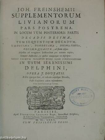 Titi Livii Patavini historiarum libri qui extant. Joh. Freinshemii V. (töredék)
