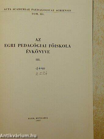 Az Egri Pedagógiai Főiskola Évkönyve 1957. III.