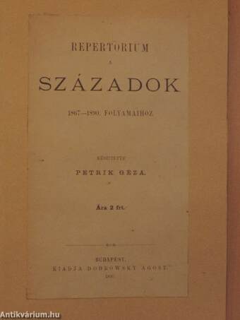 Repertorium a Századok 1867-1890. folyamaihoz