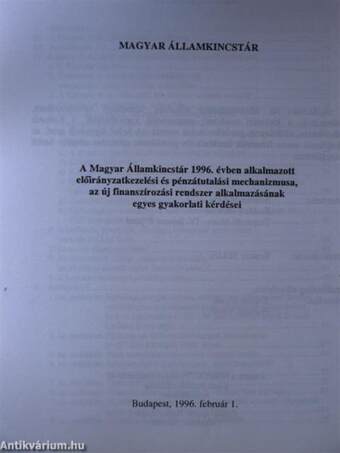 A Magyar Államkincstár 1996. évben alkalmazott előirányzatkezelési és pénzátutalási mechanizmusa, az új finanszírozási rendszer alkalmazásának egyes gyakorlati kérdései