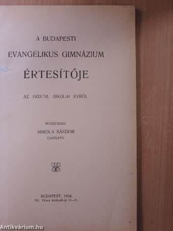 A Budapesti Evangélikus Gimnázium értesítője az 1933/34. iskolai évről