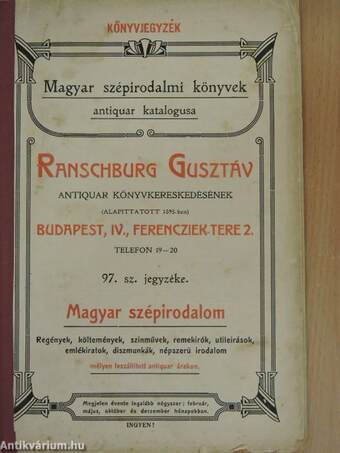 Ranschburg Gusztáv antiquar könyvkereskedésének 97. számú jegyzéke