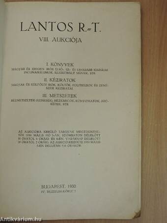 Lantos R.-T. VIII. Aukciója 1930. Budapest