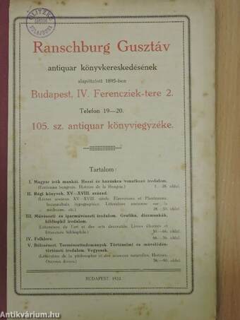 Ranschburg Gusztáv antiquar könyvkereskedésének 105. számú antiquar könyvjegyzéke