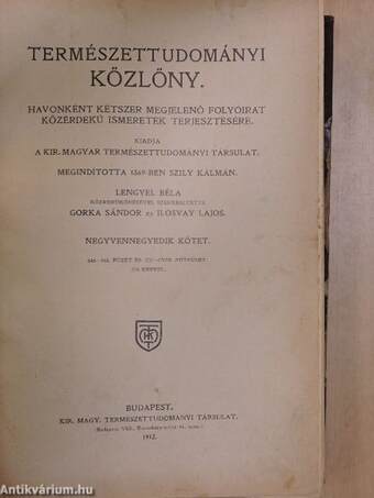 Természettudományi Közlöny 1912./Pótfüzetek a Természettudományi Közlönyhöz 1912. (nem teljes évfolyam)