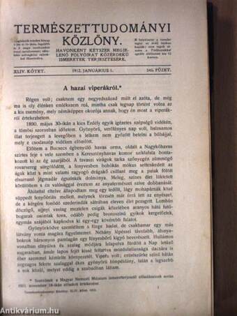 Természettudományi Közlöny 1912./Pótfüzetek a Természettudományi Közlönyhöz 1912. (nem teljes évfolyam)