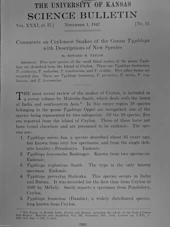 Comments on Ceylonese Snakes of the Genus Typhlops with Descriptions of New Species