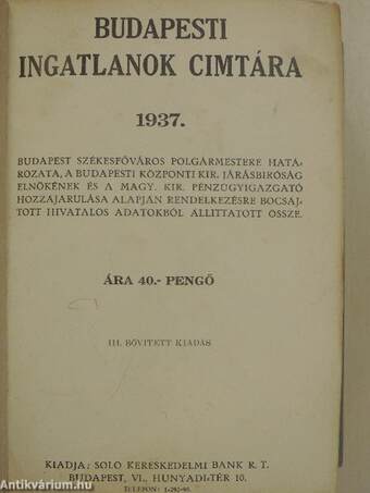 Budapesti Ingatlanok Cimtára 1937.