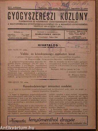 Gyógyszerészi Közlöny 1929. január-december