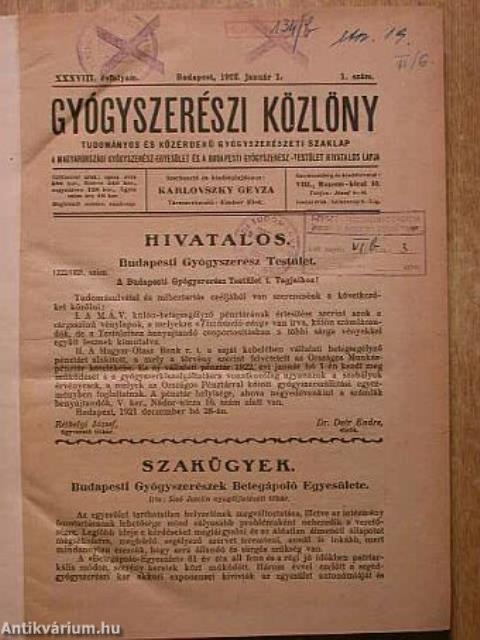 Gyógyszerészi Közlöny 1922. (nem teljes évfolyam)