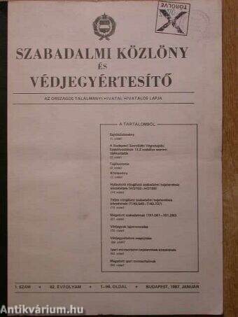 Szabadalmi Közlöny és Védjegyértesítő 1987. (nem teljes évfolyam)