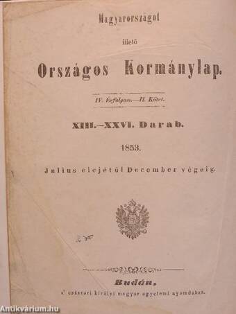 Magyarországot illető Országos Kormánylap 1853. julius-december (fél évfolyam)