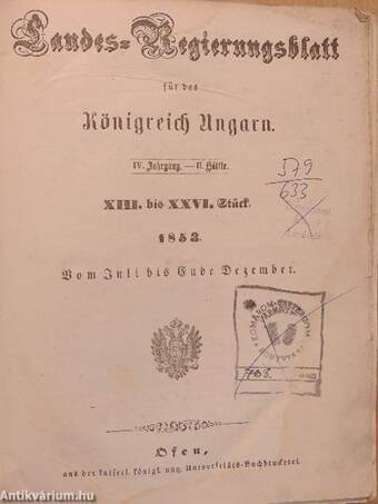 Magyarországot illető Országos Kormánylap 1853. julius-december (fél évfolyam)