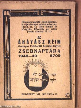 Az Áhávász Réim Országos Felebaráti Szeretet Egylet zsebnaptára 1948-49. (5709)