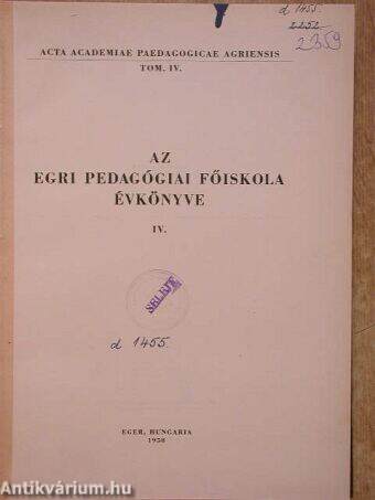 Az Egri Pedagógiai Főiskola Évkönyve 1958. IV.