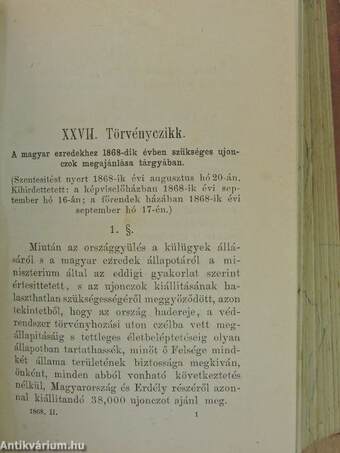 1865/8-ik évi országgyülési törvény-czikkek I-II.