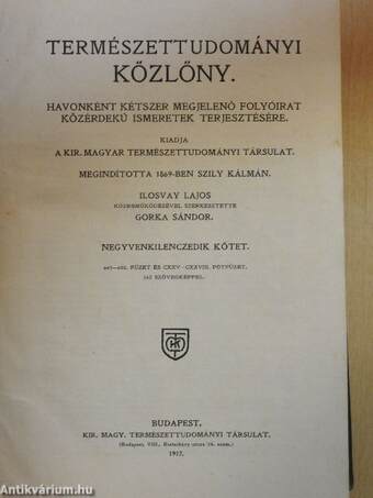 Természettudományi Közlöny 1917. január-december/Pótfüzetek a Természettudományi Közlönyhöz 1917. január-december