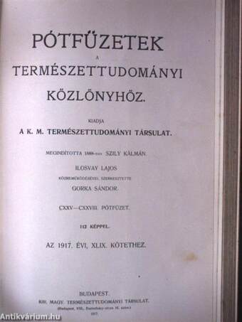 Természettudományi Közlöny 1917. január-december/Pótfüzetek a Természettudományi Közlönyhöz 1917. január-december