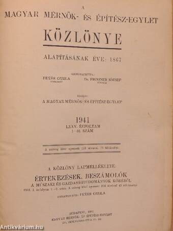 A Magyar Mérnök- és Építész-Egylet Közlönye 1940. (nem teljes évfolyam)/1941. január-december