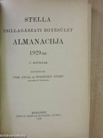 Stella Csillagászati Egyesület Almanachja 1929-re