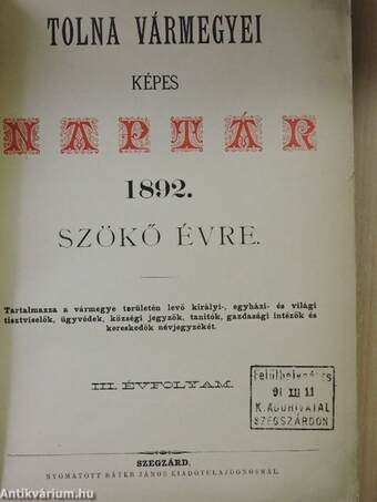 Tolna vármegyei képes naptár 1892. szökő évre