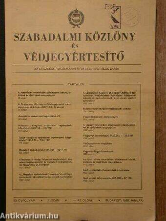 Szabadalmi Közlöny és Védjegyértesítő 1988. január-december