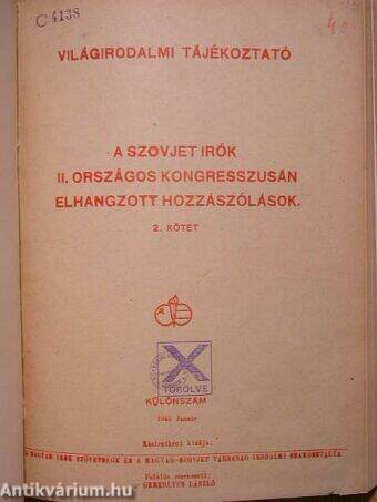 A Szovjet Írók II. Országos Kongresszusán elhangzott beszámolók II. (töredék)