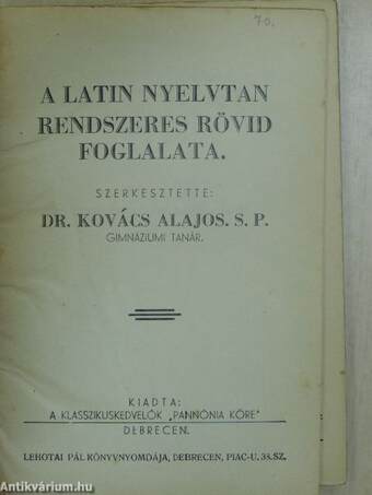 A latin nyelvtan rendszeres rövid foglalata