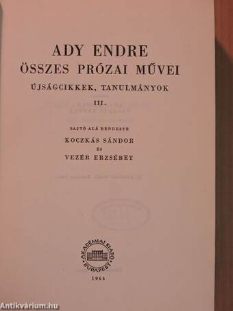 Ady Endre összes prózai művei III. (töredék)