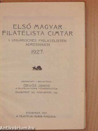 Első magyar filatélista cimtár 1927.