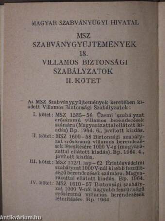 MSZ 1600-58 Biztonsági szabályzat erősáramú villamos berendezések létesítésére 1000 V-ig