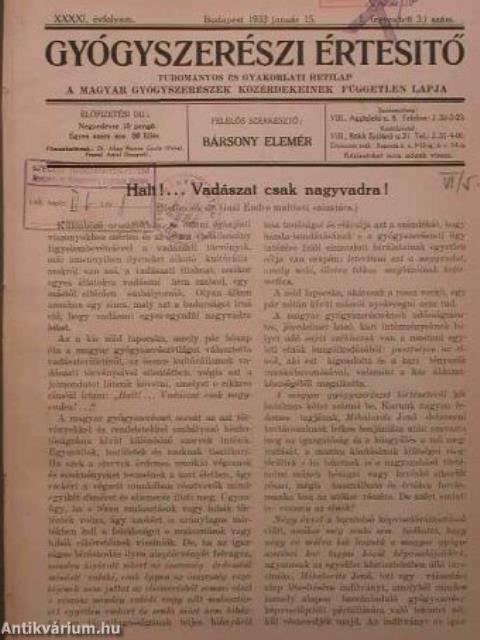 Gyógyszerészi Értesítő 1933. január-december