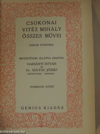 Csokonai Vitéz Mihály összes művei három kötetben III. (töredék)