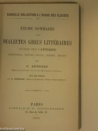 Étude Sommaire des Dialectes Grecs Littéraires