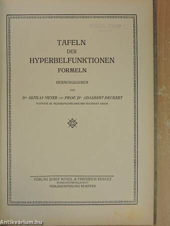 Tafeln der Hyperbelfunktionen Formeln